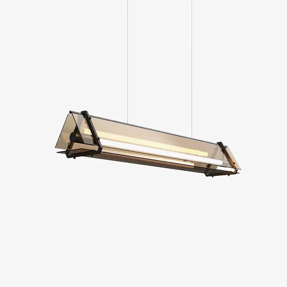 Lámpara colgante industrial de vidrio dorado con marco rectangular 