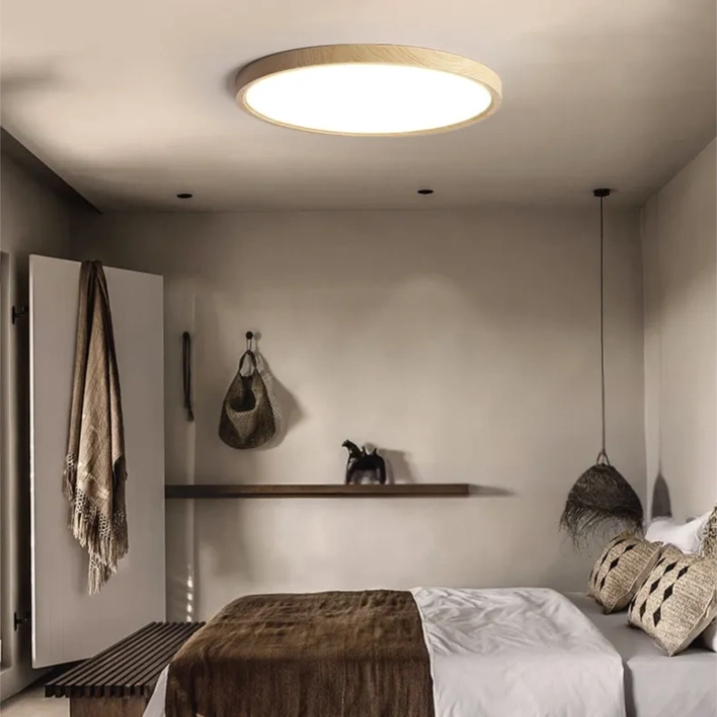 Lámpara de Techo LED Redonda Ultrafina Efecto Madera para Dormitorio