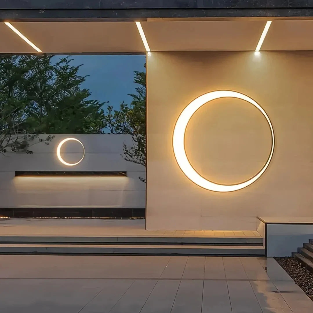 Aplique de pared exterior moderno LED negro con diseño de anillo IP65