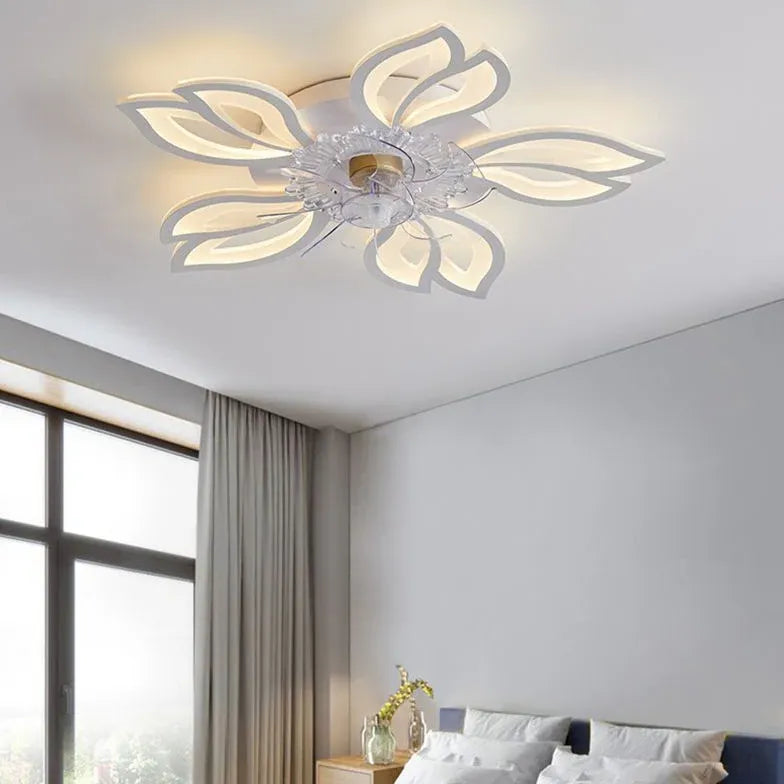 Ventilador de techo para dormitorio con luz LED blanca en forma de flor 