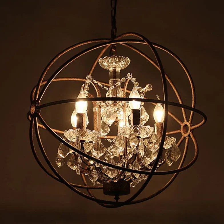 Spherical Wrought Iron Crystal Vintage Chandelier