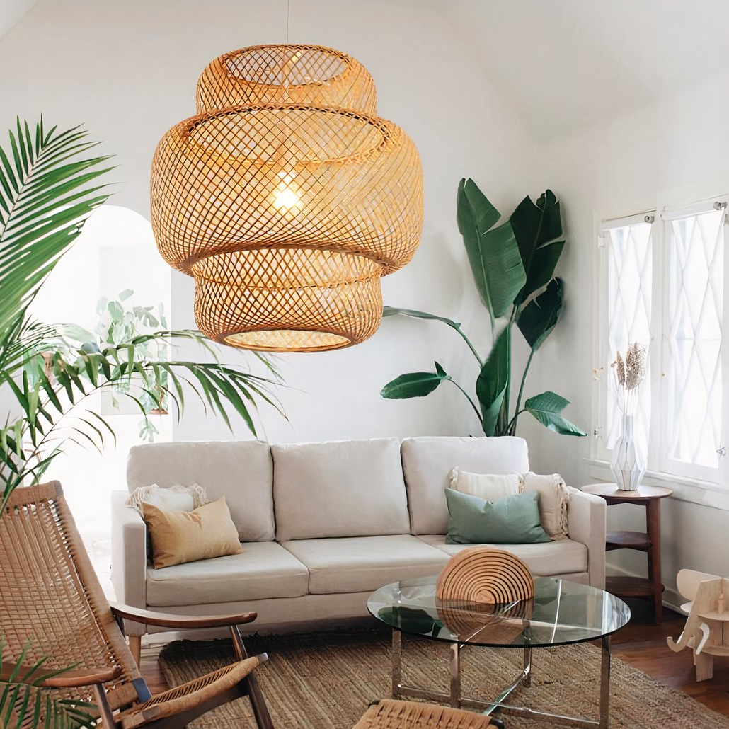 Lámpara Colgante Bambú LED Boho Tejida a Mano para Salón