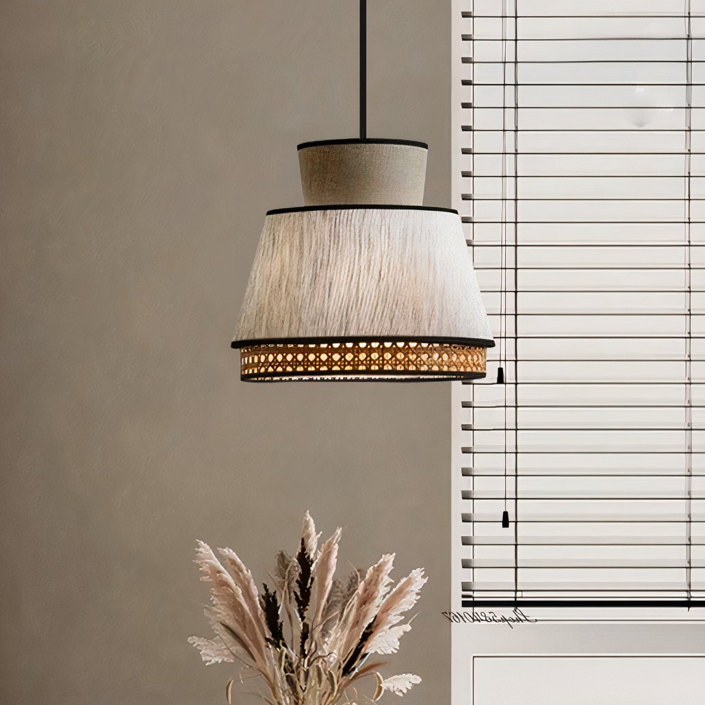 Lámpara de Tela Colgante LED de Ratán Estilo Japonés para Comedor