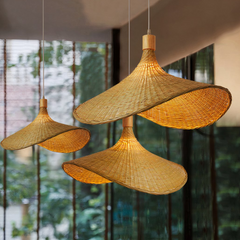 Lámpara Bambú Colgante de Estilo Moderno con Diseño Sombrero para Comedor