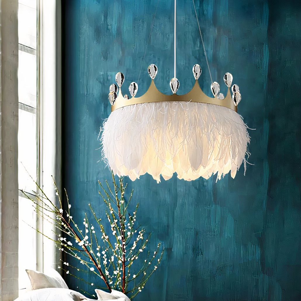 Lampara Colgante de Plumas Blancas LED Infantil Estilo Moderno Diseño Corona