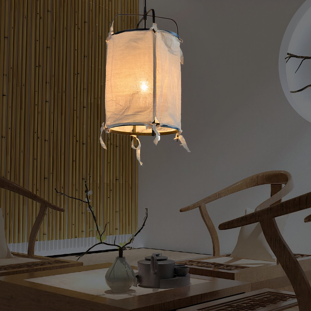 Lámpara Colgante de Lino LED Estilo Japonés Tipo Farol para Comedor