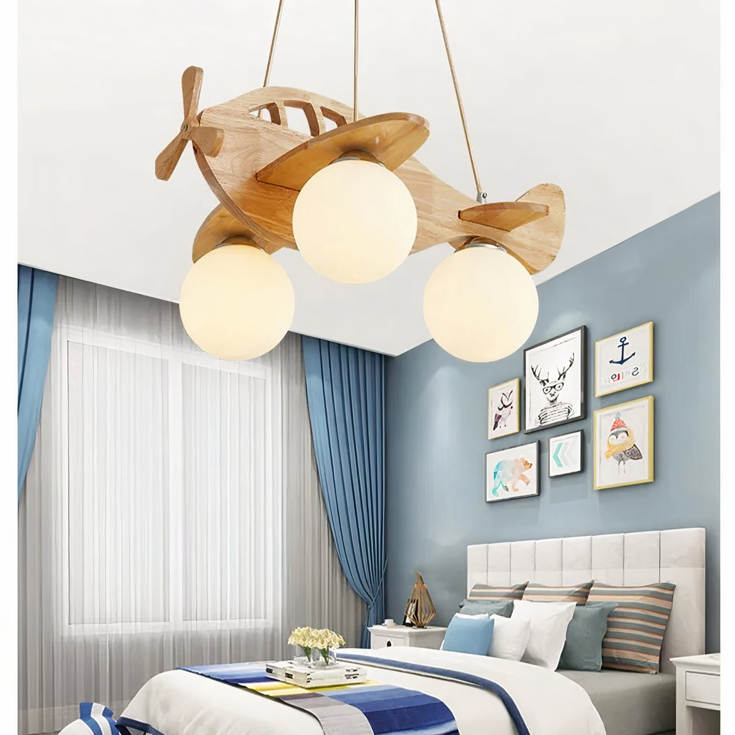 Lámpara Colgante Avión Infantil LED de Madera para Dormitorio