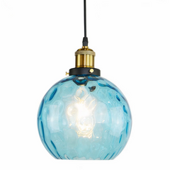 Lámpara colgante bola de cristal LED azul regulable en altura para comedor