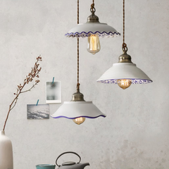 Lámpara Colgante Cerámica Blanca Vintage Estampada Azul para Comedor