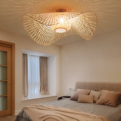 Lámpara de techo de ratán LED boho natural forma sombrero para dormitorio