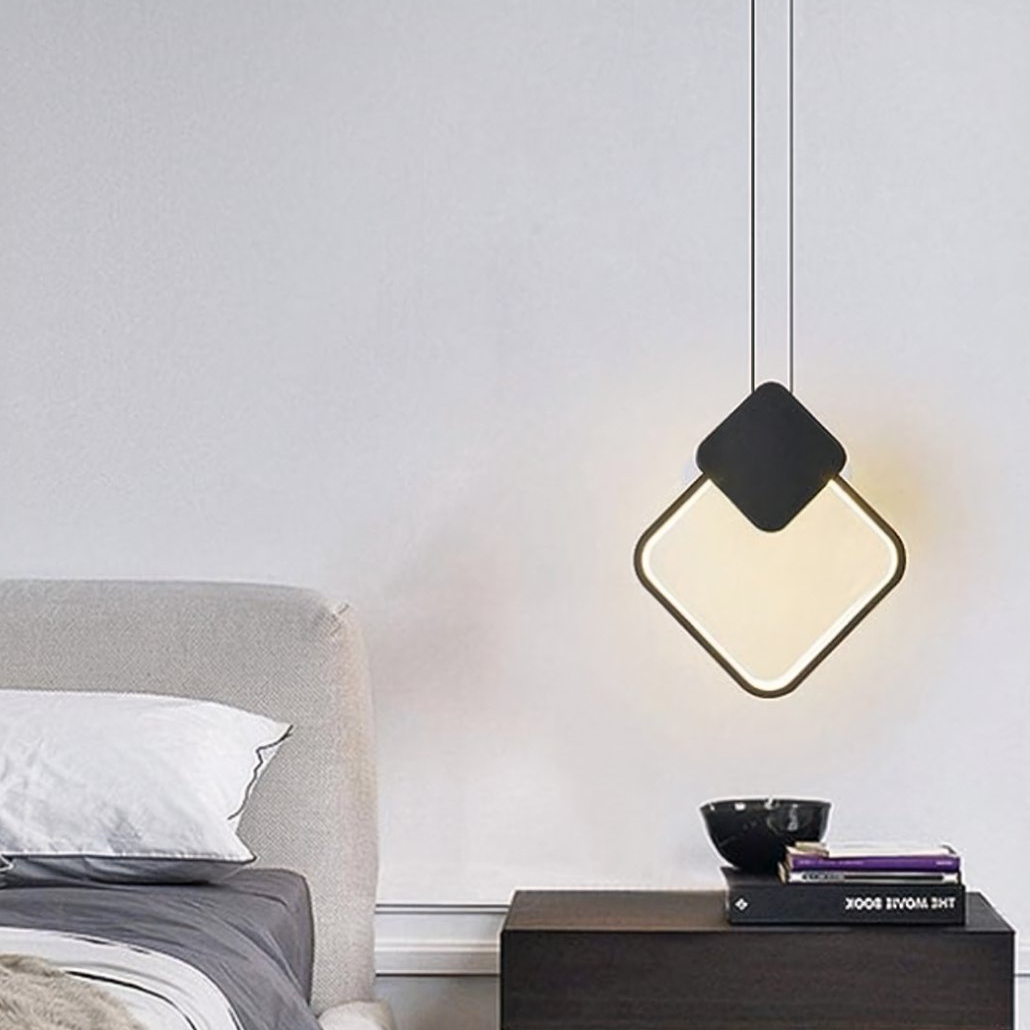 Lámpara colgante diamante LED negra minimalista de luz suave para dormitorio