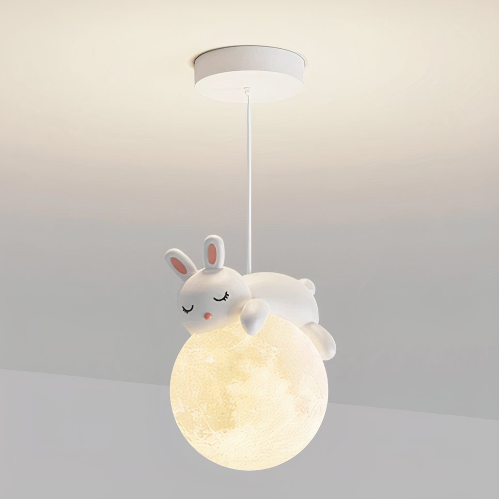 Lámpara colgante infantil con diseño de conejo lunar LED de resina para mesita de noche