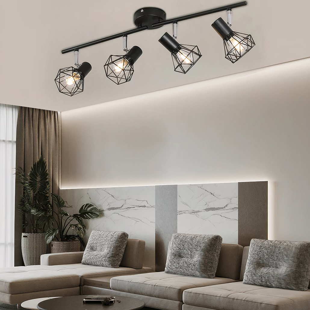 Lámpara de techo 4 luces industrial negra con pantalla jaula ajustable para salón
