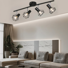 Lámpara de techo 4 luces industrial negra con pantalla jaula ajustable para salón