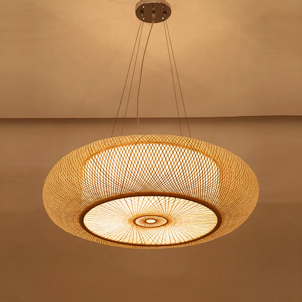 Lámpara Colgante de Bambú con Luz LED Redonda Estilo Chino para Comedor