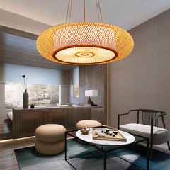 Lámpara Colgante de Bambú con Luz LED Redonda Estilo Chino para Comedor