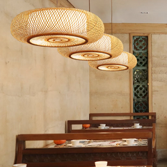 Lámpara Colgante de Bambú con Luz LED Redonda Estilo Chino para Comedor