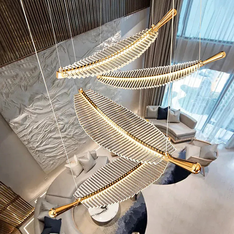 Feather Shaped Glass Gold LED Pendant Light