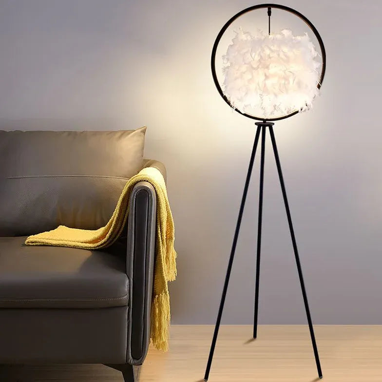 Black Circular Feather Tripod Floor Lamp