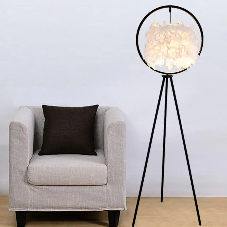 Black Circular Feather Tripod Floor Lamp