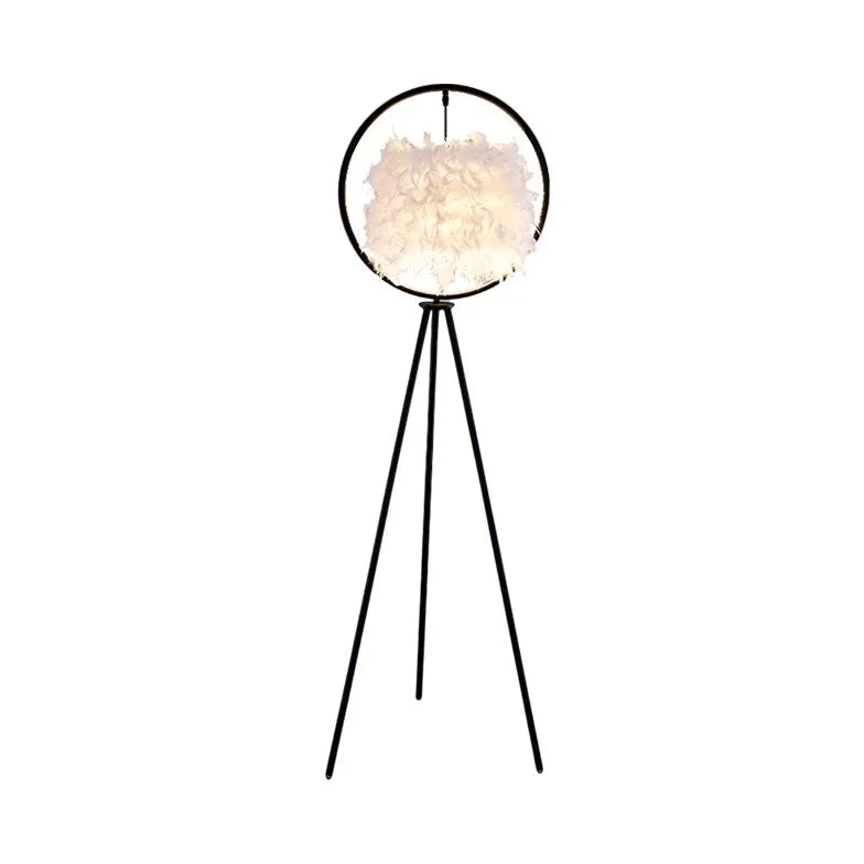 Black Circular Feather Tripod Floor Lamp