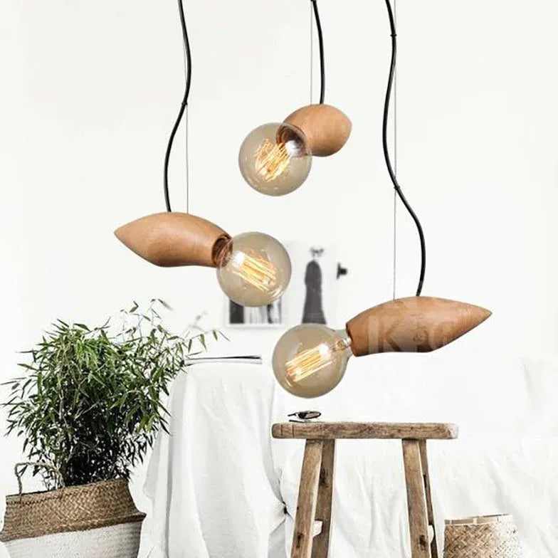 Exposed Light Bulb Industrial Wooden Pendant Light