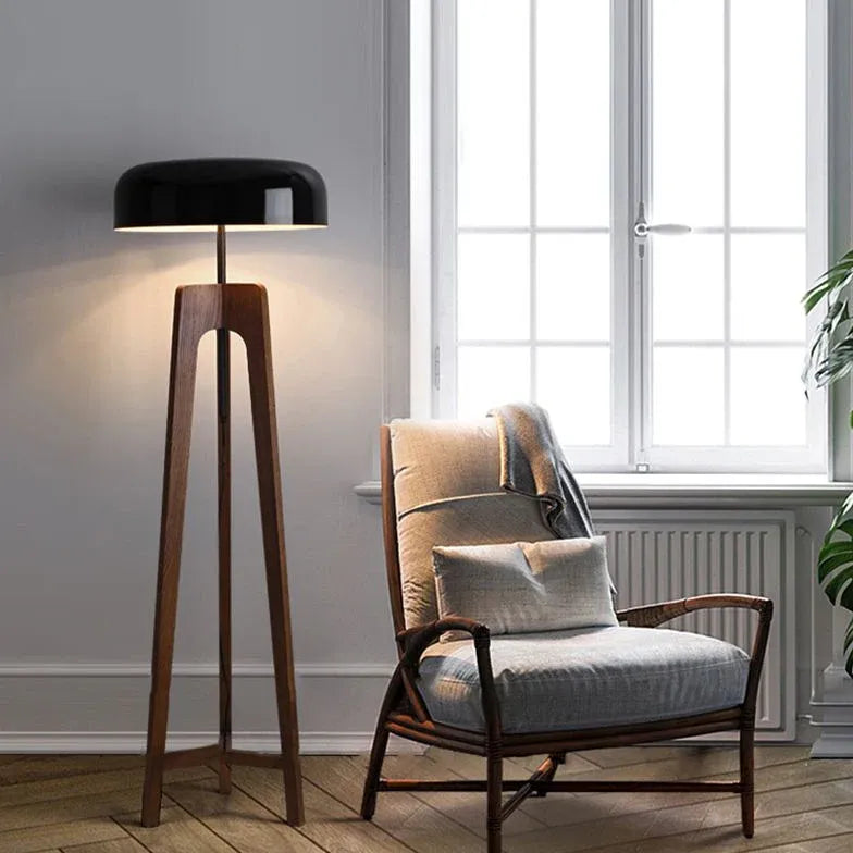 Black Round Wooden Tripod Floor Lamp