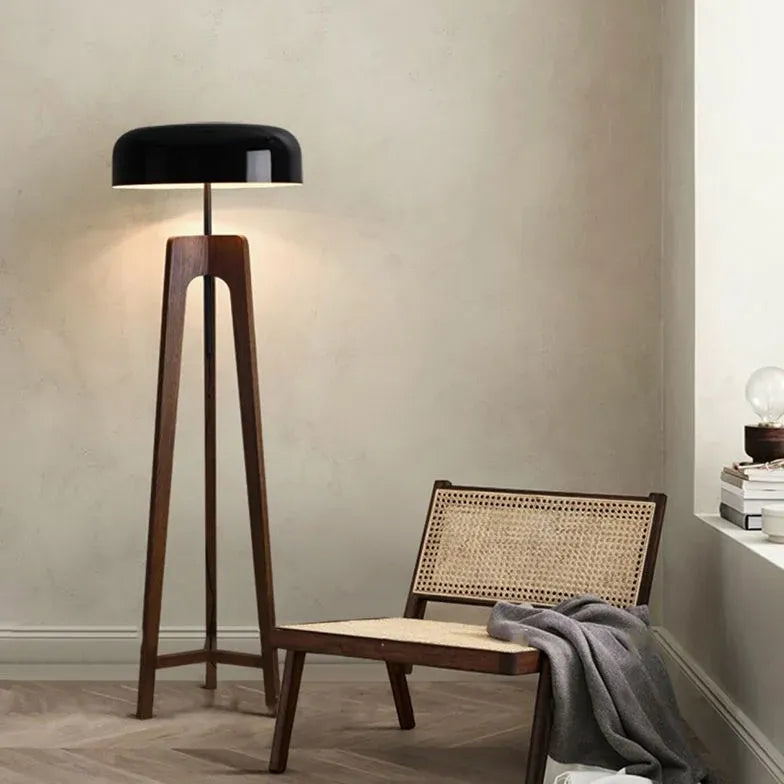 Black Round Wooden Tripod Floor Lamp