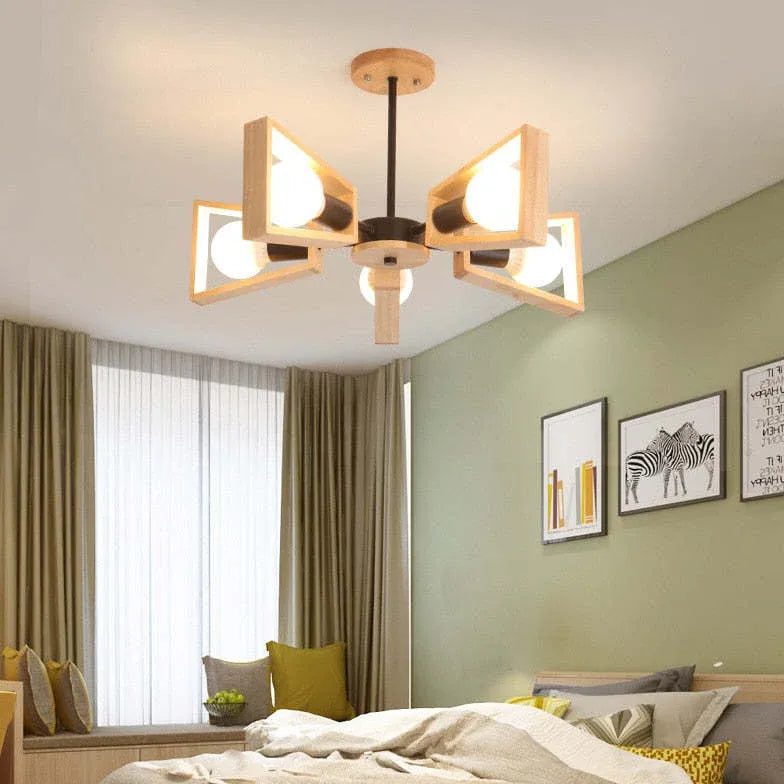 Multi-Arm Trapezoid Bedroom Wooden Pendant Light