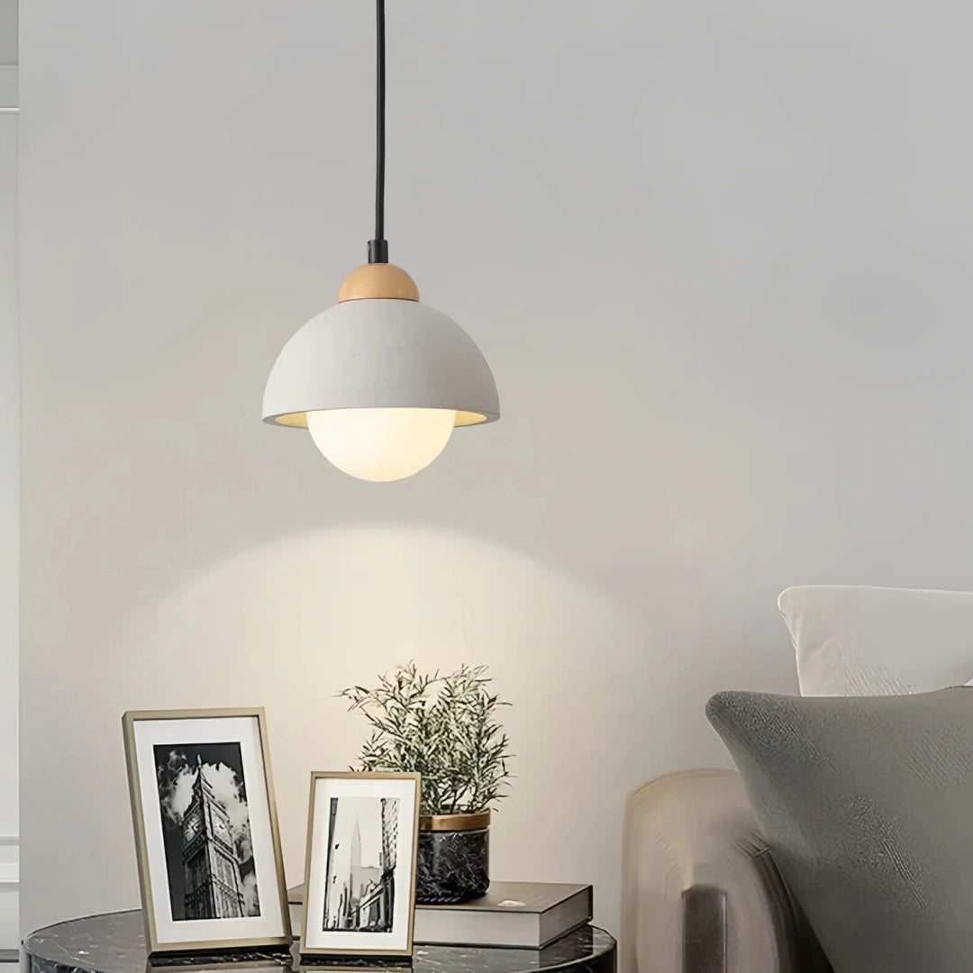 Lámpara colgante de cemento y madera Japandi LED para mesilla de noche
