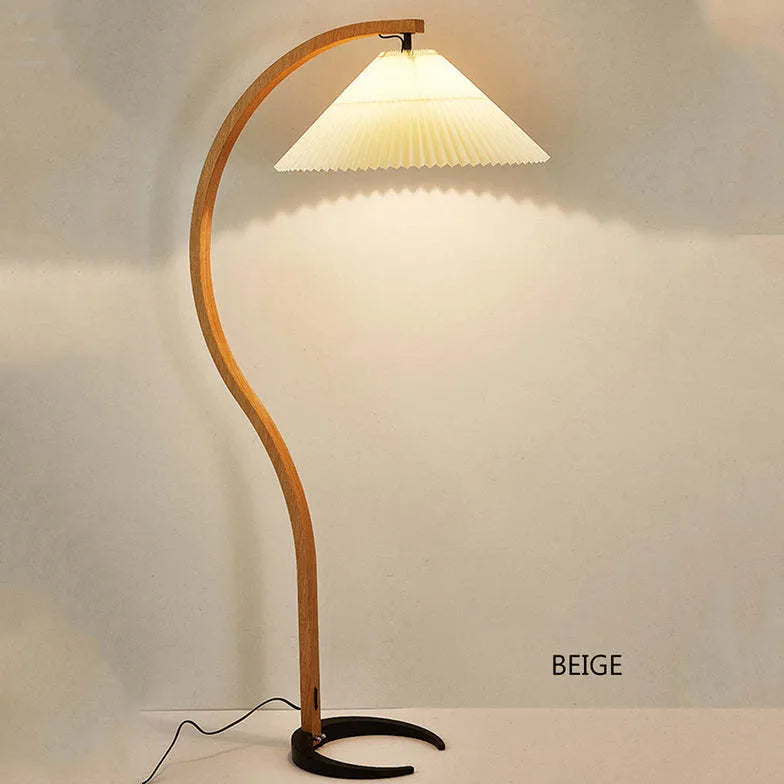 Wooden Curved Fabric Bedroom Floor Lamp