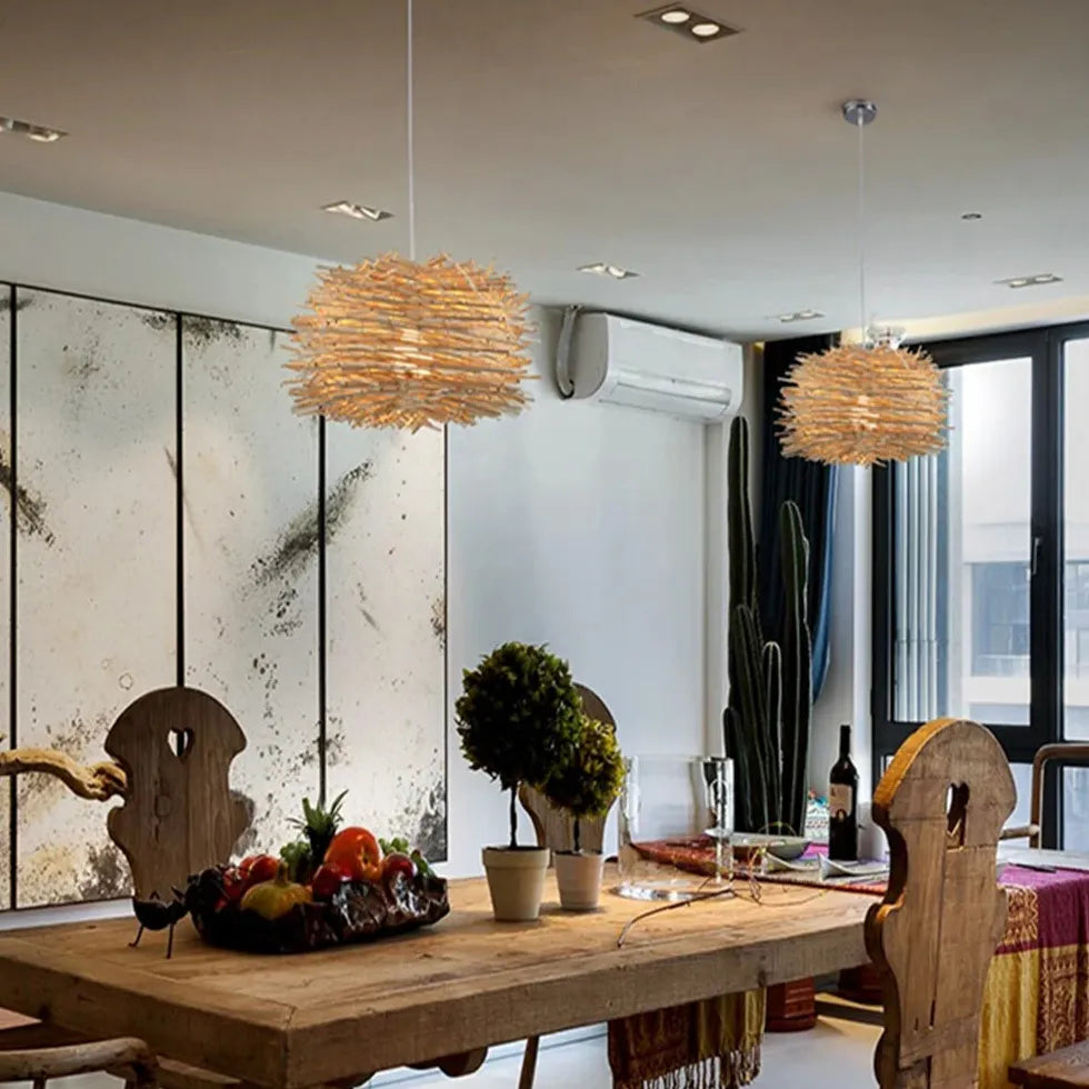 Wooden Stick Spherical Dining Room Pendant Light