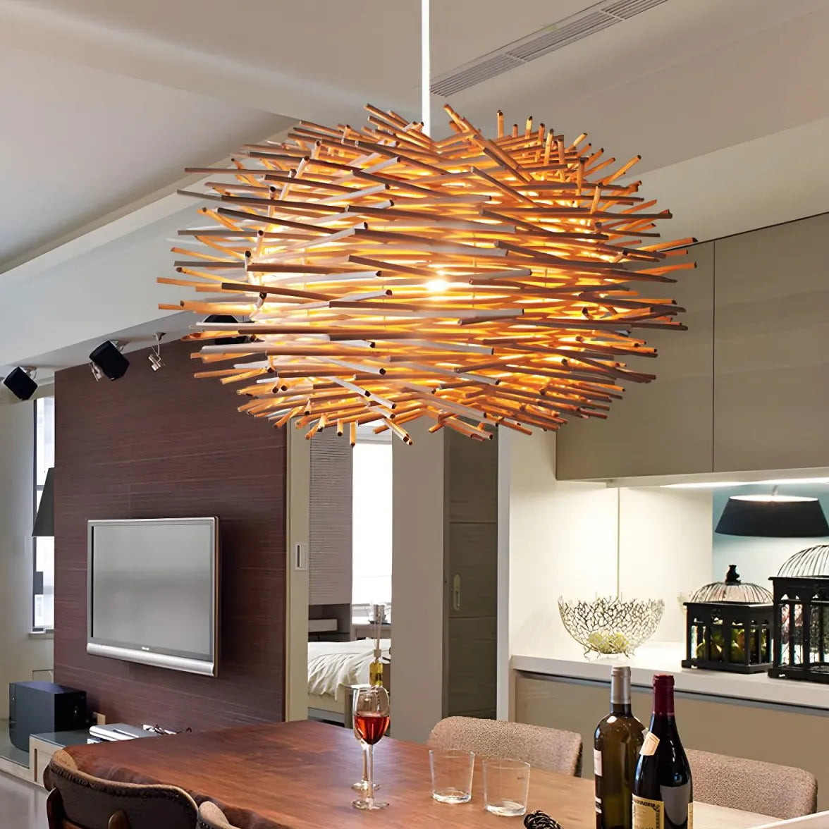 Wooden Stick Spherical Dining Room Pendant Light