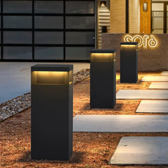 Poste de luz moderno solar rectangular negra para jardín