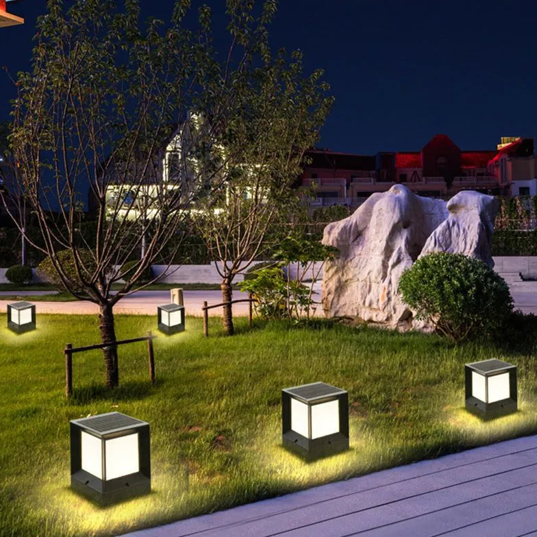 Frosted Glass Square Solar Outdoor Pillar Lights