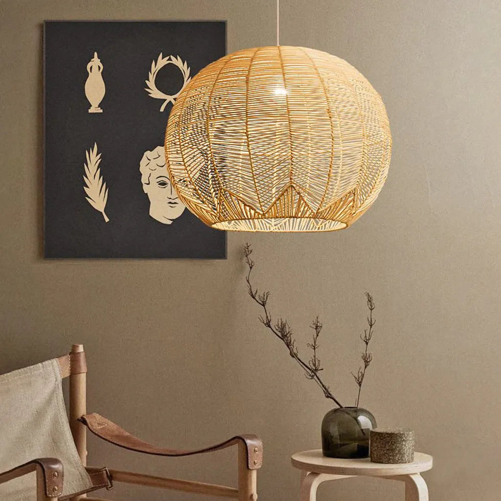 Woven Rattan Spherical Mesh Pendant Light