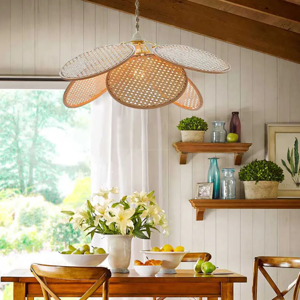 Rattan Disc Petal-Shaped Pendant Light