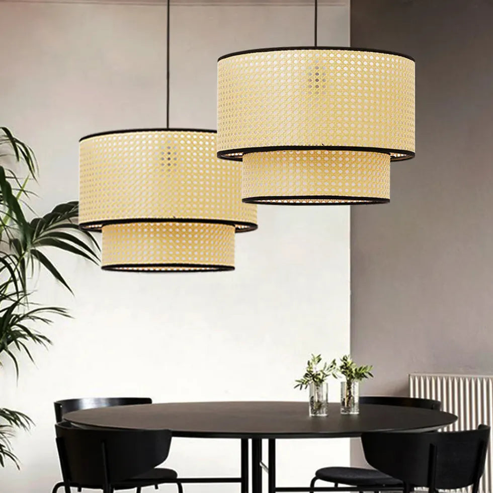 Rattan Double Concentric Circle Pendant Light