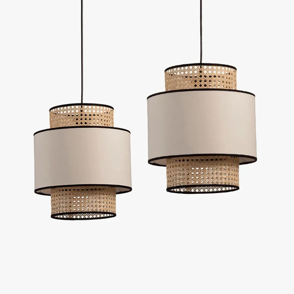 Rattan and PVC Double-Layer Cylindrical Pendant Light