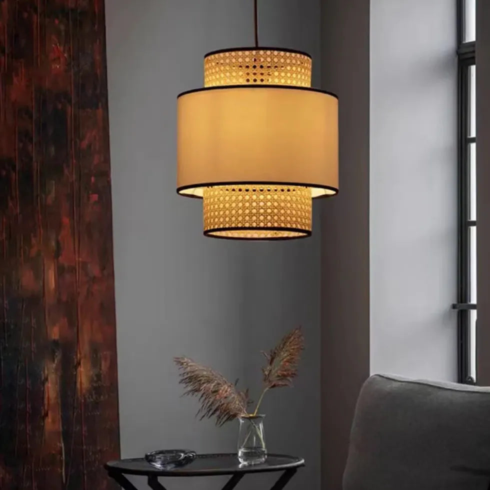 Rattan and PVC Double-Layer Cylindrical Pendant Light