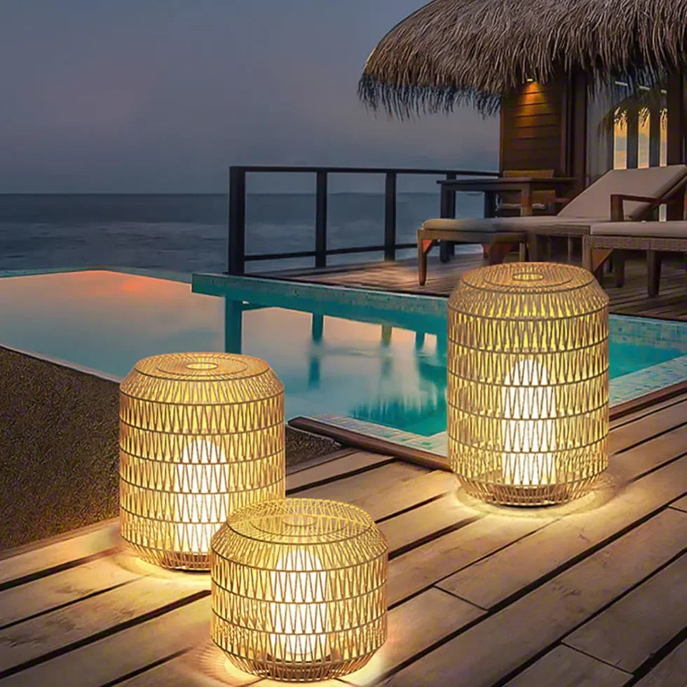 Lámpara solar LED de pie exterior vintage farol trenzado
