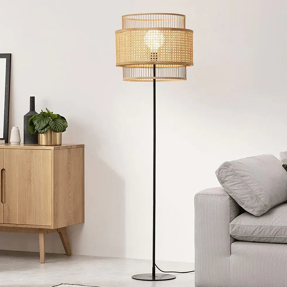 Dual Cylindrical Wicker Minimalist Floor Lamp