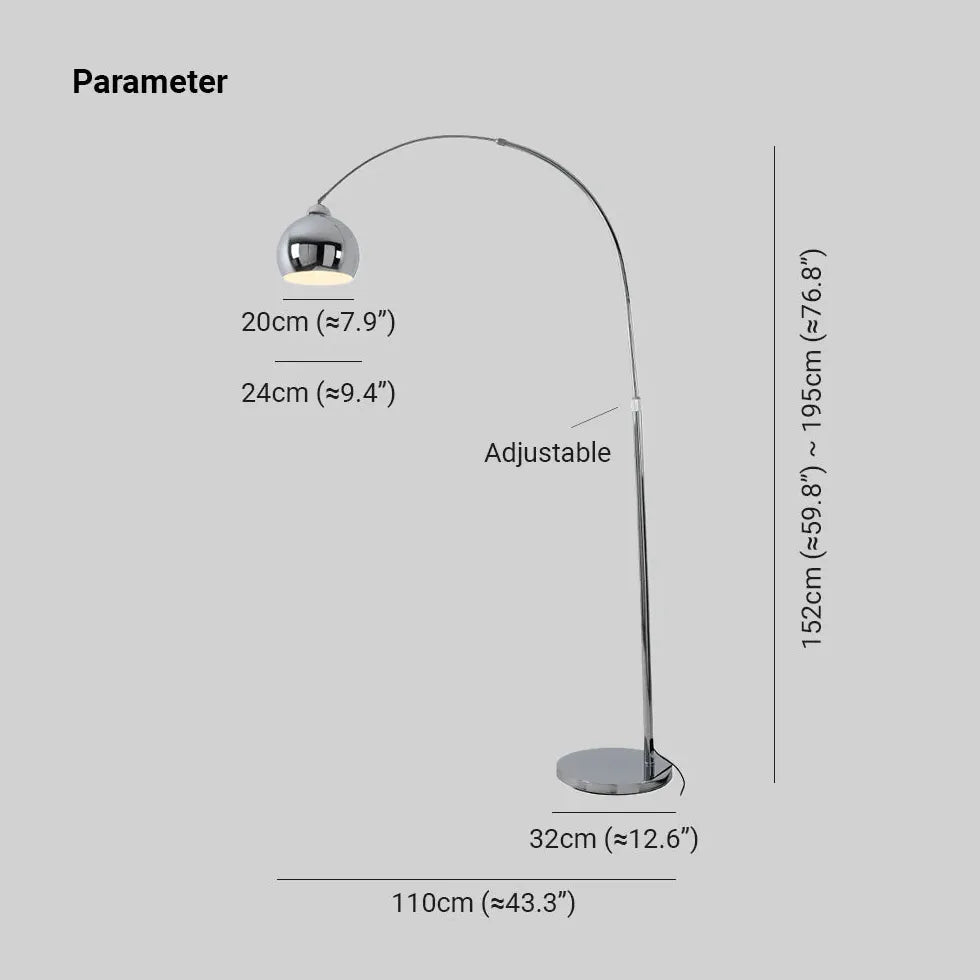 Lámpara de pie moderna con forma de arco y esfera plateada