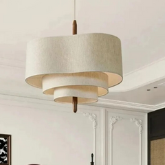 Lámpara de Tela Colgante Estilo Japonés Beige Regulable en Altura para Comedor