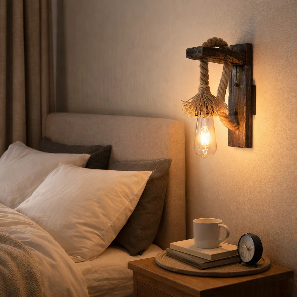 Apliques de Pared con Cuerda Vintage en Madera para Mesita de Noche