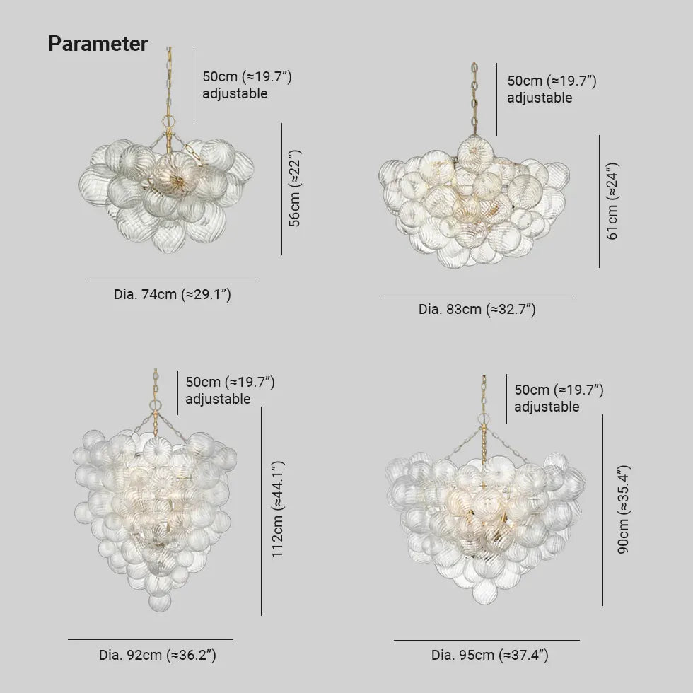 Lámpara de araña esférica de vidrio transparente con múltiples luces