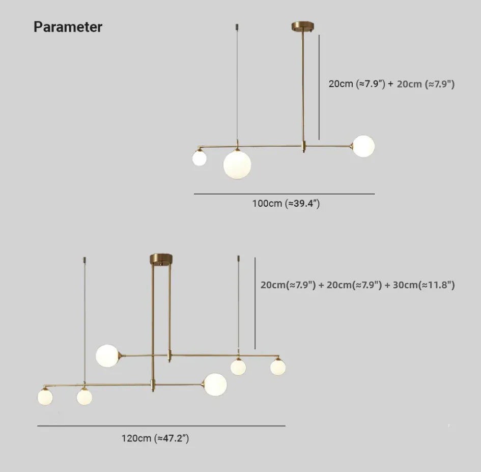 Lámpara colgante lineal dorada con múltiples luces modernas