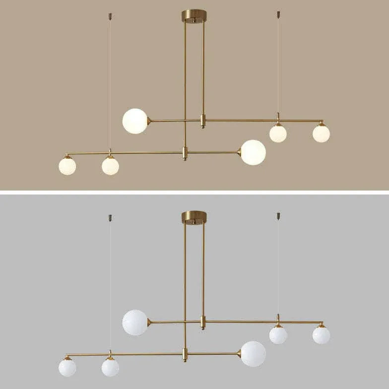 Lámpara colgante lineal dorada con múltiples luces modernas