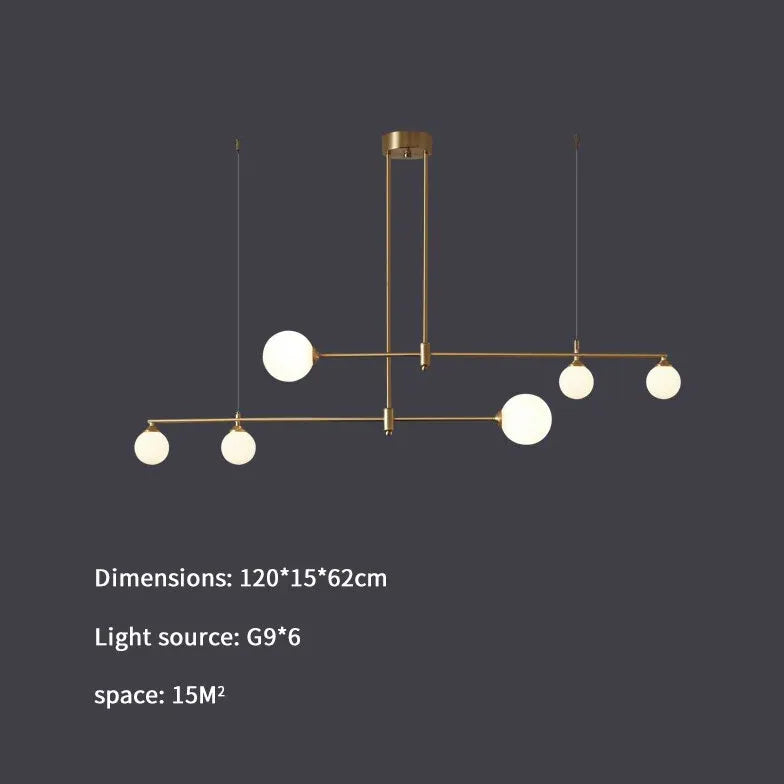 Lámpara colgante lineal dorada con múltiples luces modernas