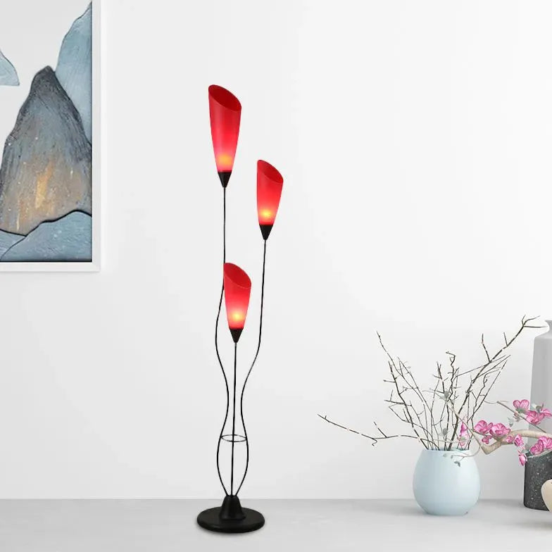 Three-Headed Red Petal Curved Pole Floor Lamp